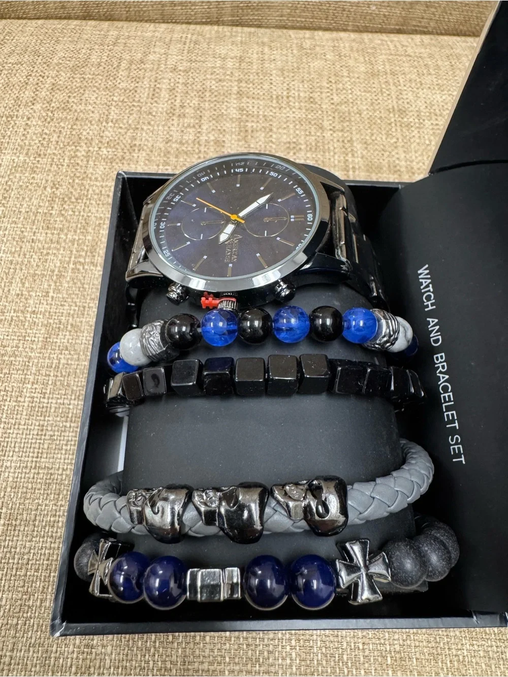 American Exchange Men’s Quartz Watch Blue Dial Black Bracelet Set Box